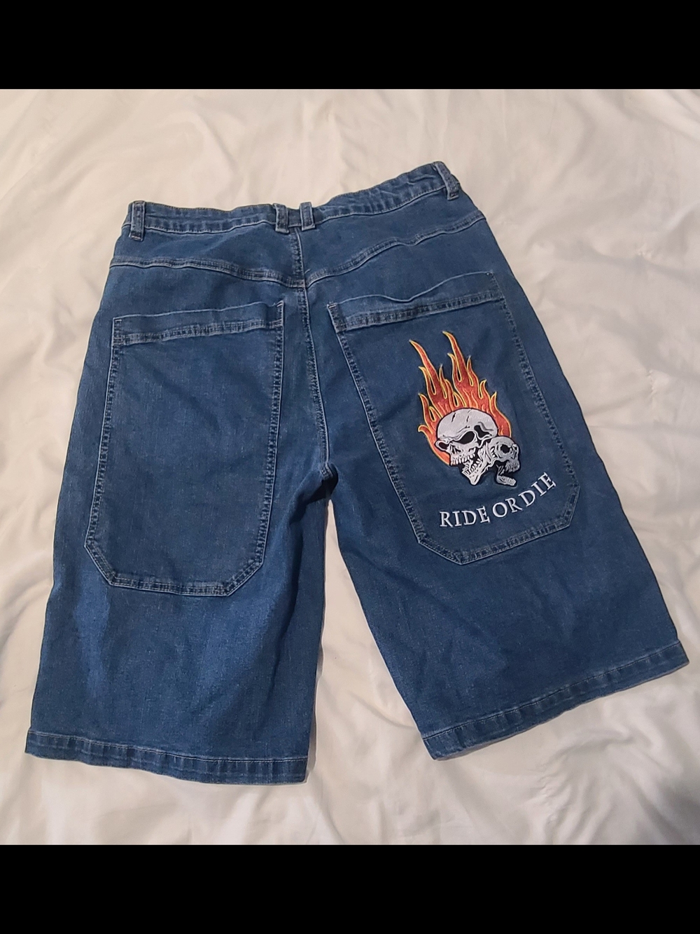 Hot Topic Blue Denim Jean Shorts with Flame Skull Patch
